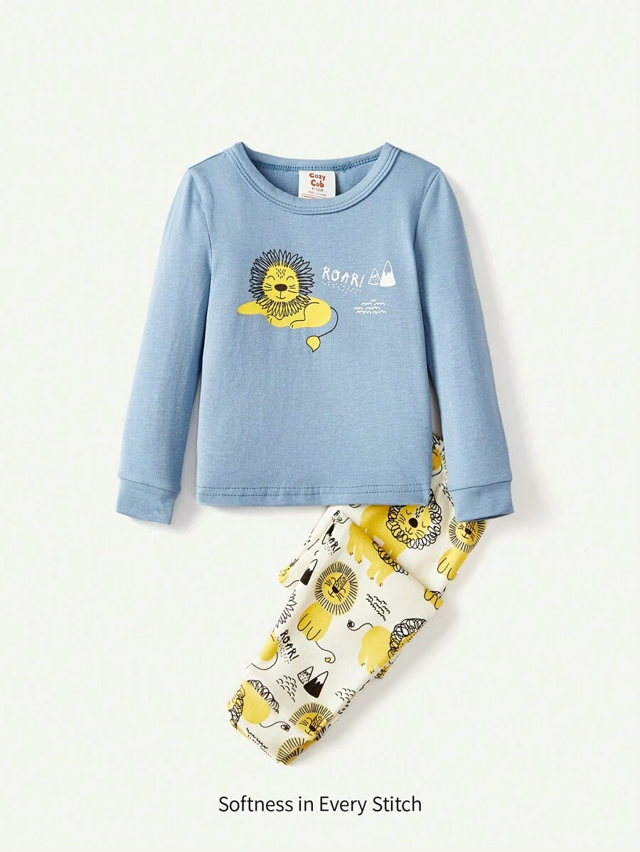 Cozy Pixies 2pcs Cute Animal Print Snug Fit Baby Boy Pajama Set - Dusty Blue - View 1