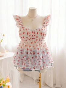 Soleia Top a maniche corte con cappuccio blu e bianco a fiori con texture a vita raccolta e orlo frastagliato, elegante e snellente, perfetto per le vacanze, abbigliamento da donna taglie forti