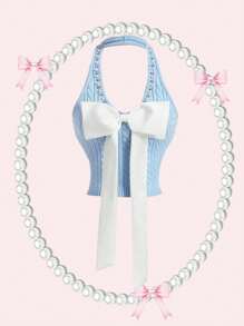 SHEIN MOD Áo len dệt kim màu xanh dành cho nữ có mặt dây chuyền ngọc trai, cổ áo tương phản và nơ lớn, áo thu - Màu xanh lam - Xem 1