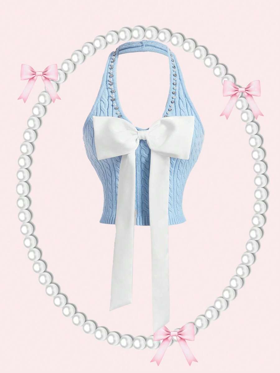 SHEIN MOD Áo len dệt kim màu xanh dành cho nữ có mặt dây chuyền ngọc trai, cổ áo tương phản và nơ lớn, áo thu - Màu xanh lam - Xem 1