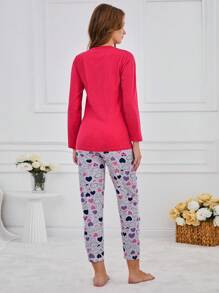 RueChic Conjunto de pijama de 2 piezas 100% algodón peinado con estampado de promesa en la parte superior de manga larga y estampado de corazón en la Bottom larga