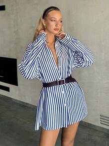 SHEIN EZwear Women's Striped Long Sleeve Button-Up Casual Leisure Fashionable Regular Jacket
