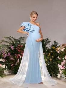 Maternity Elegance One-Shoulder Ruffle Sleeve Gown&Babyshower Dresses With Cascading Side Slit Organza Train & Sculpted Fish-Tail Hem – Sophisticated Baby Shower Dress For Formal Dinners, Bridal Luncheons, Celebratory Receptions, Maternity Galas, And Elegant Ceremonies