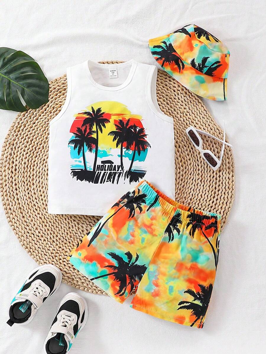 Set de 3 piezas (Parte superior sin mangas con estampado de selva tropical y palmeras, shorts y gorra) casual para niño, para vacaciones, viajes, verano - Blanco - Ver 1