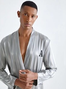 Men's Letter Printed Long Sleeve Casual Loungewear Robe With Pockets - Baby Blue - View 7