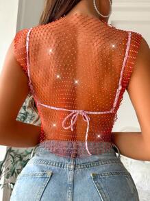 Zolique Débardeur en crochet transparent avec ornements de strass, sexy