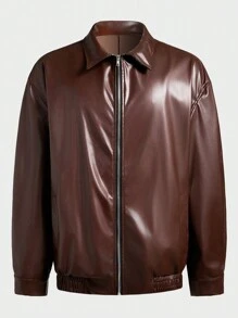 Manfinity Homme Men's Solid Color Collar PU Leather Zipper Casual Long Sleeve Jacket - Brown - View 3