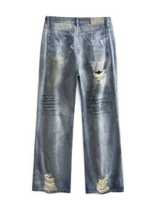 NEON BLANC Men's Cotton Distressed Loose Straight-Leg Spray-Painted Jeans