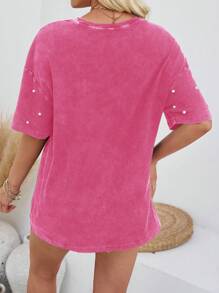 SHEIN LUNE Women Oversized Dropped Shoulder Solid Color Short Sleeve T-Shirt With Rhinestone Embellishment - Hot Pink - View 2