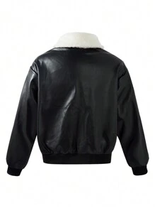 SHEIN Tween 女童复古飞行夹克，配有 Speed Icon 补丁、PU 皮革和蓬松衣领 - 彩色 - 查看 2