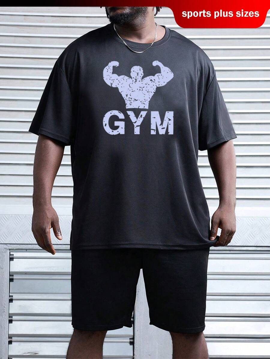Gym Rark Conjunto de activewear de talla grande con camiseta de gimnasio de cuello redondo y manga corta con estampado de letras, y pantalones cortos casuales sueltos. Conjunto de ropa de entrenamiento para uso diario. - Negro - Ver 1