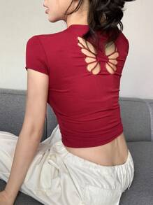 DAZY 圆领修身蝴蝶刺绣镂空女式 T 恤 - 紅色 - 查看 8