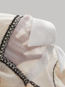 SHEIN MOD Women's Spring & Summer Turndown Collar Long Sleeve Cable Knit Patchwork Shirt,Women Polo Shirt,Work Women Shirts,Long Sleeve Shirt,Collared Women Fall Shirt,Collared Women Shirt,Button Down Blouse,Long Sleeve Tops