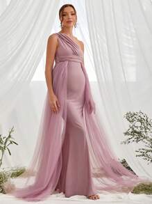 Faeriesty Dressalisa Luxury One-Shoulder Maternity Gown& Babyshower Dresseswith Asymmetrical Side Sash & Mermaid Train – Formal Baby Showers, Pregnancy Galas, Evening Receptions, Bridal Shower Celebrations, High-Fashion Photo Shoots