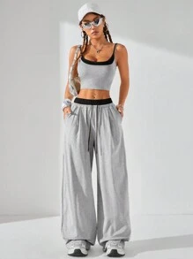 Coolane Women's  Fall/Winter Casual Sport Knit Two Fake Pieces  Tank Tops & Sweatpants  Going Out Sets,2pcs,Back To School Clothes - Light Grey - View 2
