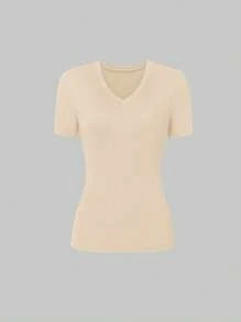 SHEIN LUNE Áo thun ngắn tay cổ chữ V màu trơn thường ngày mùa hè - Nhiều màu - Xem 4