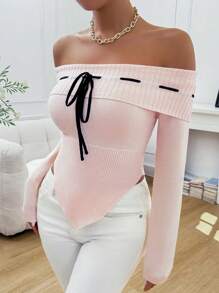 Chiquease Off-Shoulder Tie-Up Asymmetrical Hem Sweater, Autumn/Spring Knit Pullover Fall Winter Outfit