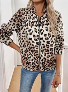 SHEIN LUNE Leopard Print Zip-Up Casual Women's Long Sleeve Jacket