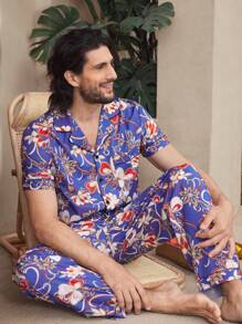 Manfinity ChillVibe Men's Floral Print Lapel Neck Short Sleeve Button-Up Shirt And Pants Home Outfit