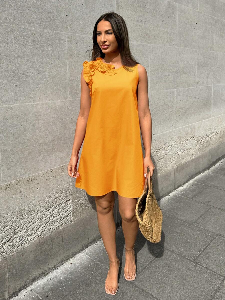 SHEIN LUNE Women's Ruffle Hem A-Line Dress, Rose Red Sleeveless Round Neck Elegant Casual Dress