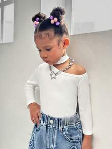 SHEIN Young Girl All-Match Casual Elegant Urban Versatile Open Shoulder Stand Collar Long Sleeve Knit Comfortable T-Shirt White Tee, Suitable For Autumn And Winter, Suitable For School, Commuting And Daily Wear - White - View 4