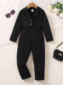 SHEIN Young Girls' Casual Jumpsuit With Lapel Collar, Knitted Thick Fabric, Tapered Jumpsuit, Autumn Winter New - Black - View 1