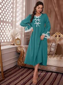 Chemise de nuit longue à manches longues, en dentelle et coton froissé, avec lien devant pour femme - Vert - Voir 1