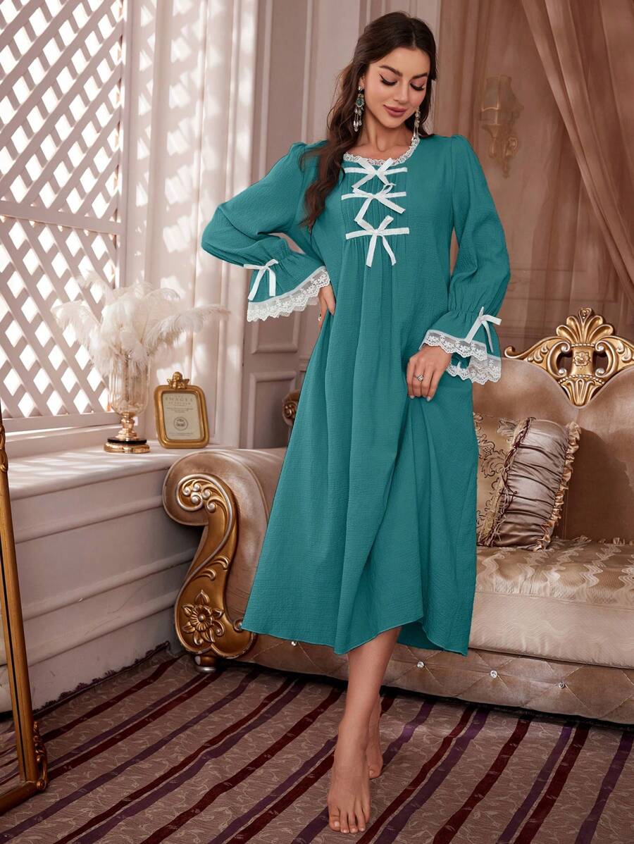 Chemise de nuit longue à manches longues, en dentelle et coton froissé, avec lien devant pour femme - Vert - Voir 1