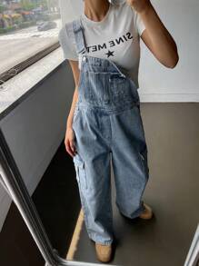 DAZY 女士带口袋牛仔背带裤，直筒宽松休闲舒适连体裤 - 藍色 - 查看 8