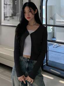 Dazy Tall Women Solid Color Fitted Cardigan,Long Sleeve Tops,Fall Clothes - Black - View 4