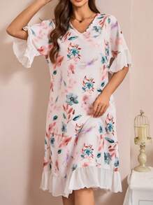 女式大码 V 领睡裙 大花卉印花睡衣裙 - 彩色 - 查看 7