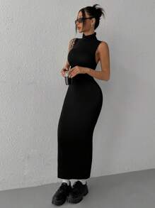 SHEIN EZwear 女士高领无袖紧身连衣裙 - 黑色 - 查看 5