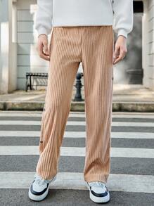 Teen Boy Plain Ribbed Side Button Decorative Straight Loose Casual Pants - Apricot - View 3