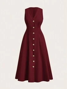 SHEIN EZwear 女士 V 领无袖前扣收腰优雅连衣裙 - 紅色 - 查看 1