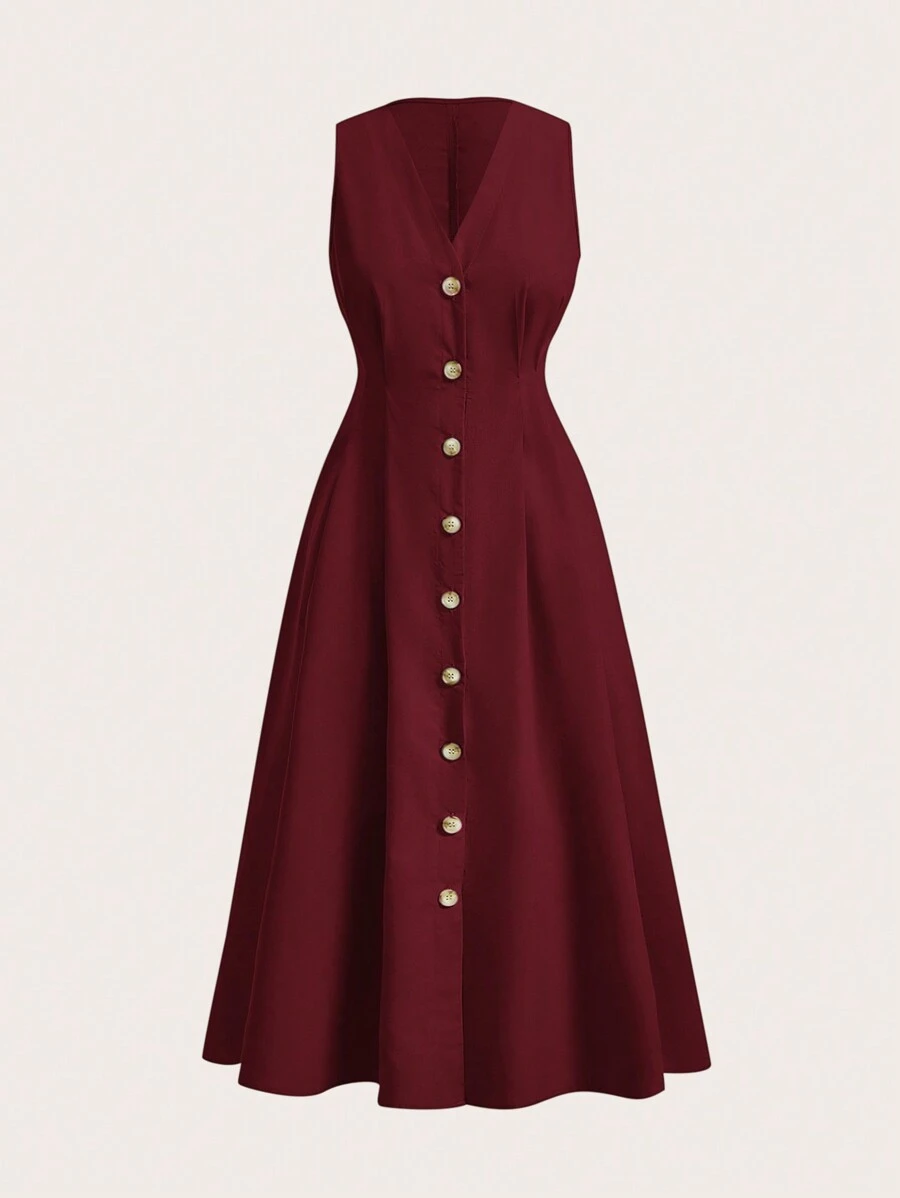 SHEIN EZwear 女士 V 领无袖前扣收腰优雅连衣裙 - 紅色 - 查看 1