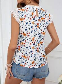 SHEIN VCAY Áo sơ mi nữ dệt in họa tiết ngày lễ có cổ tròn, khuy măng sét và viền ren nối dành cho nữ - Nhiều màu - Xem 2