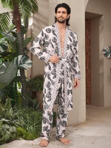 2 件套男士全身花卉印花拼布长袖长衬衫和长裤睡衣套装