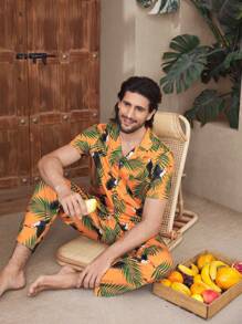 Manfinity Conjunto de pijama casual de verano de manga corta de una hilera para hombres (camisa y pantalones)