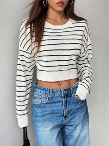 Chiquease Áo len nữ dáng rộng kẻ sọc, tay dài, kiểu áo chui đầu mùa thu đông. - trắng - Xem 5