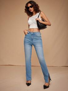Forever 21 侧开衩紧身牛仔裤 - 中蓝色水洗 - 藍色 - 查看 6