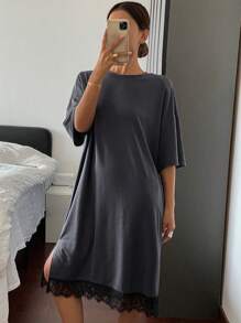 Livesso Lace Patchwork Loose Nightgown Pajama, Moo Moo Sleep Dress - Dark Grey - View 6