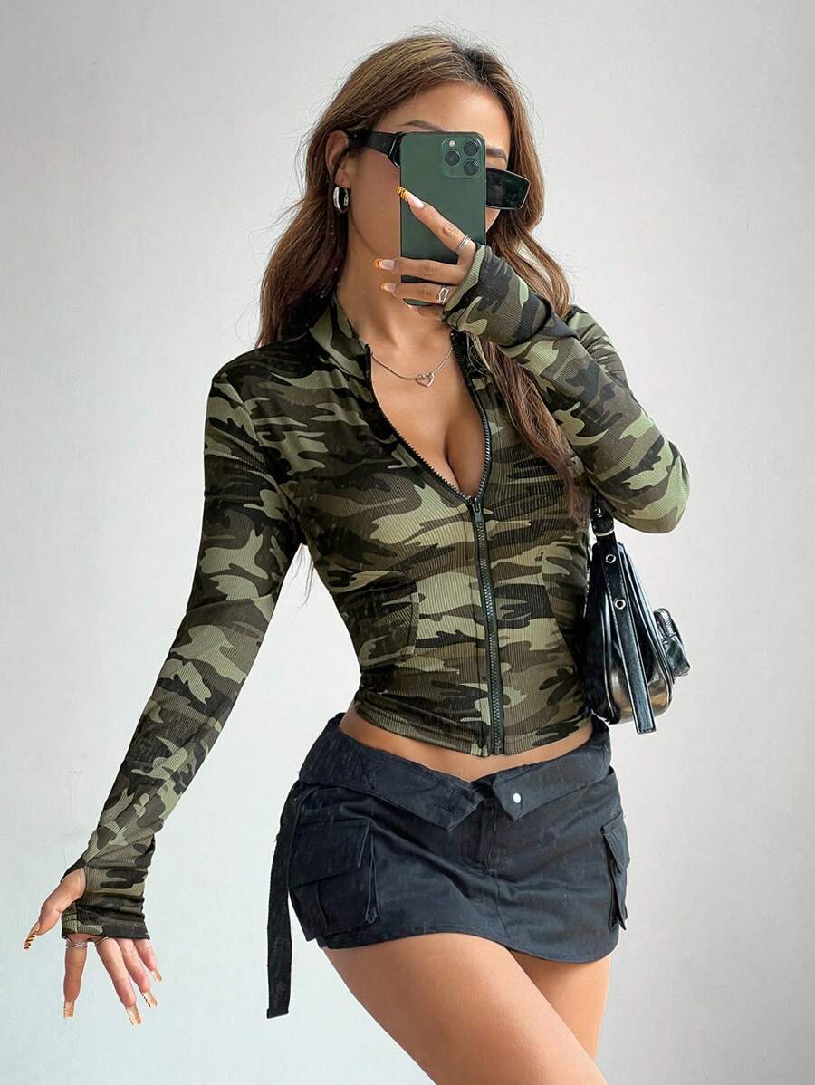 SHEIN EZwear 1pc Camouflage Print Mock Neck Zip Up Fitted Jacket In Fall/Winter