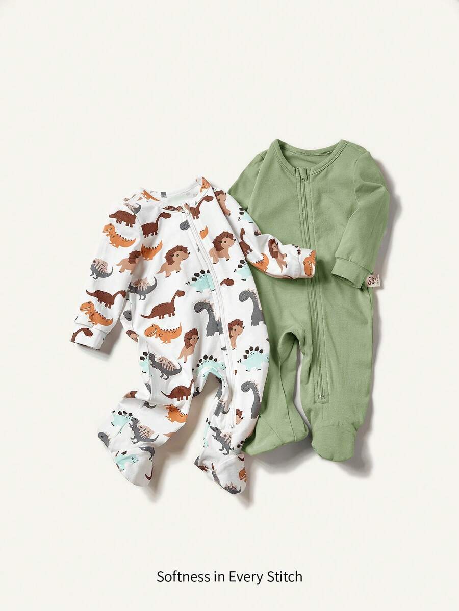 Cozy Pixies 2 Chiếc Sơ Sinh Bé Trai Hoạt Hình Khủng Long Màu Trơn Cổ Thuyền Dài Tay Áo Liền Quần Với Footie - màu xanh lá - Xem 1