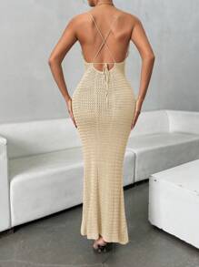 Chiquease Women Spaghetti Strap Backless Cross Ruched Fitted Elegant Dress - Apricot - View 6