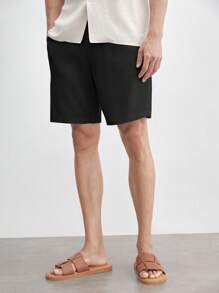 AKNOTIC Business Casual Men's Linen Regular Waist Drawstring Straight Leg Casual Shorts, Suitable For Daily Wear In Summer - Black - View 5