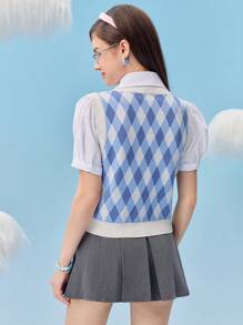 HELLO KITTY AND FRIENDS | SHEIN 女士蓝色卡通肉桂卷与字母刺绣菱形 V 领针织毛衣背心秋装可爱毛衣背心 - 藍色 - 查看 2