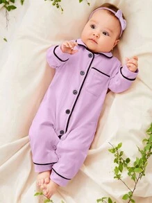 Bé gái sơ sinh Tương phản ràng buộc Nút phía trước Áo liền quần giản dị - Màu Lilac Tím - Xem 4