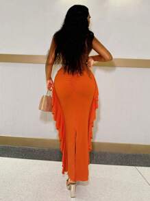 BamGleam Women's Two-Piece Set, Short Cut Top And Mid-Length Skirt With Ruffle Design, Orange - Burnt Orange - View 2