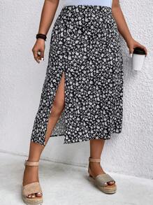 SHEIN LUNE Plus Size Women's Ditsy Floral Side Slit Hem Maxi Casual Skirt - Multicolor - View 4