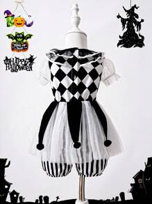 2 pièces Tenues d'Halloween pour nouveau-né fille, ensemble barboteuse à contraste de dentelle et maille et serre-tête, cool et élégant, pour la fête d'Halloween - Noir et Blanc - Voir 2